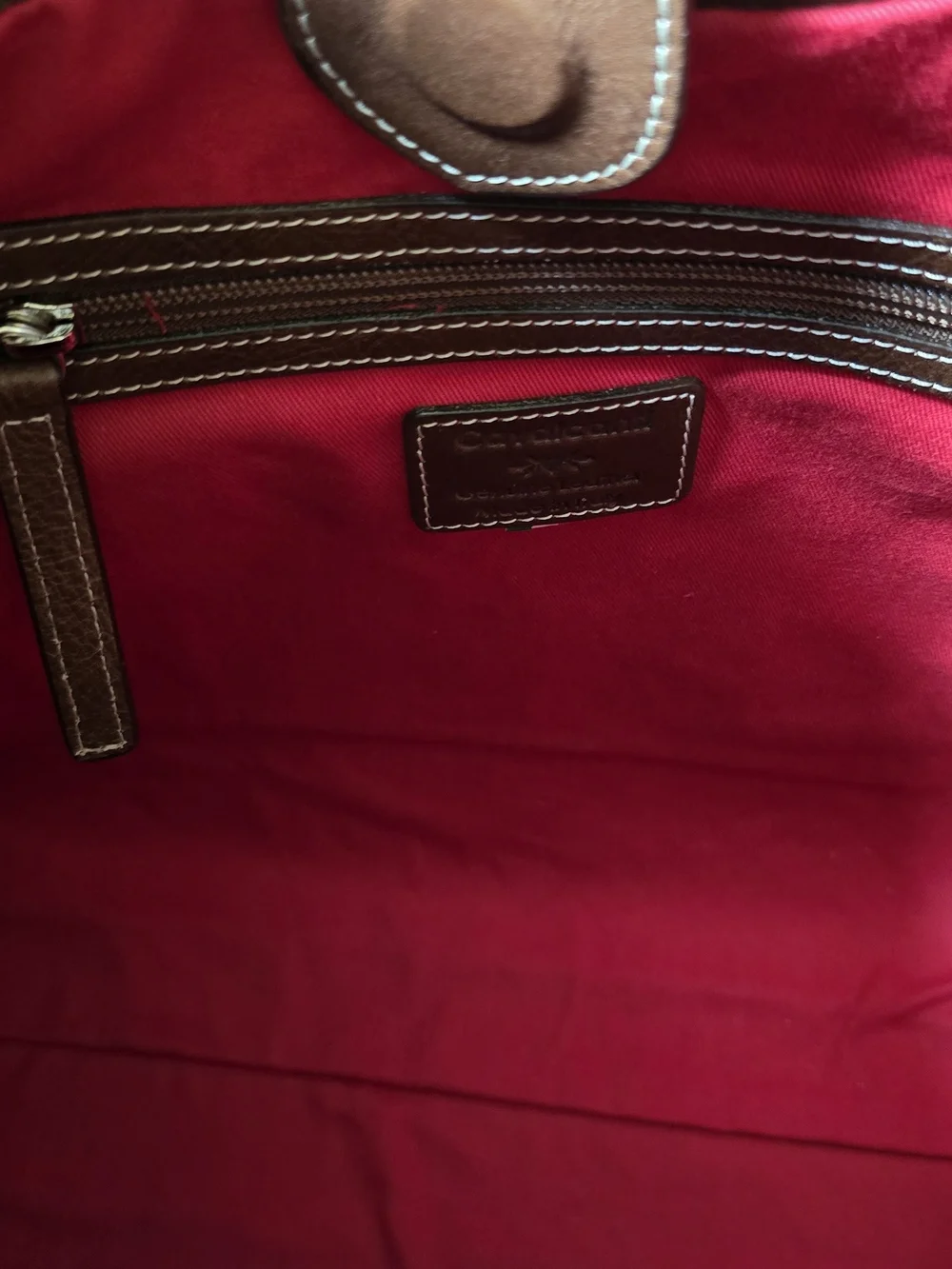 Cowhide Calvacanti Shoulder Tote in White and Chocolate Brown.